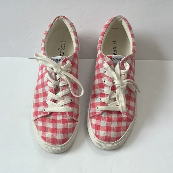 J. Crew Canvas Sneaker Gingham Plaid Pink and White size 7 - Picture 2 of 9